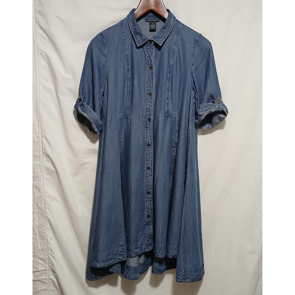 Chelsea & Theodore Denim Dress Shirt Dress Roll Tab Sleeve Pockets M‎